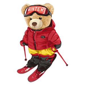 Urso de pelúcia vestido para esportes de inverno, usando jaqueta vermelha, calças amarelas e esquis vermelhos, com óculos de esqui e bastões. Ideal para ilustrações de temas de inverno e esportes na neve.