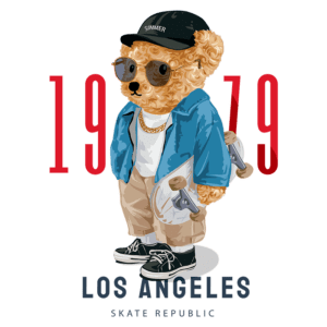 Ursinho estilizado com roupas de skate, óculos escuros e boné, segurando um skate, com o texto "1979 Los Angeles Skate Republic" em destaque.