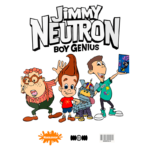 Imagem de "Jimmy Neutron: Menino Gênio" com os personagens principais, incluindo Jimmy, Carl, Sheen e o robô Goddard, em um fundo verde. A arte é do canal Nickelodeon e destaca a temática de ciência e aventuras infantis.