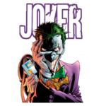 Imagem do Coringa, vilão icônico da DC Comics, com pele pálida, cabelo verde e um sorriso sinistro. Ele usa um terno roxo e uma gravata borboleta verde, segurando uma carta de baralho. O fundo é roxo, destacando sua figura ameaçadora e carismática.