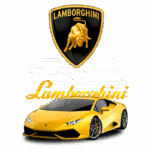Imagem de um carro Lamborghini amarelo com o logotipo da marca, apresentando um design moderno e esportivo, acompanhado de esboços de outros modelos Lamborghini no fundo.