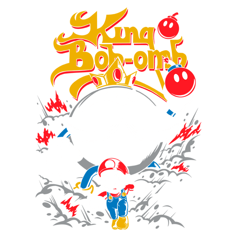 King Bob-omb com uma coroa, segurando uma bomba, acompanhado de Mario em uma cena de ação colorida e dinâmica. Ideal para fãs de jogos clássicos da Nintendo.
