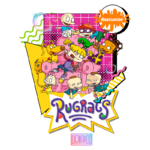 Personagens do desenho animado Rugrats, da Nickelodeon, interagindo em um sofá rosa. Inclui os bebês Tommy, Chuckie, Angelica, Phil, Lil e o cachorro Spike, em um fundo colorido e divertido.