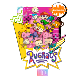 Personagens do desenho animado Rugrats, da Nickelodeon, interagindo em um sofá rosa. Inclui os bebês Tommy, Chuckie, Angelica, Phil, Lil e o cachorro Spike, em um fundo colorido e divertido.