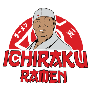 Logotipo do Ichiraku Ramen, apresentando um chef sorridente com um avental branco e um chapéu de cozinha, cercado por elementos gráficos japoneses e o nome "Ichiraku Ramen" em letras grandes e vibrantes.