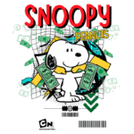 Snoopy, o famoso personagem da série Peanuts, segurando notas de dinheiro em meio a elementos gráficos coloridos e icônicos, com o logotipo do Cartoon Network na parte inferior.