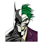 Ilustração mostrando os rostos de Batman e Coringa divididos ao meio, com Batman à esquerda em tons de preto e cinza, e Coringa à direita com cabelo verde e traje roxo. A imagem representa a eterna rivalidade entre os dois personagens icônicos dos quadrinhos.