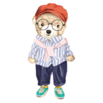 Urso estiloso com óculos e boné vermelho, vestindo uma camisa listrada azul e branca, calças escuras e tênis verdes, posando de forma divertida.