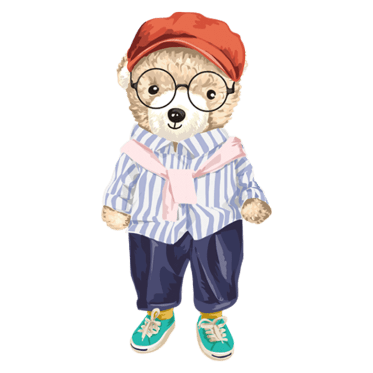 Urso estiloso com óculos e boné vermelho, vestindo uma camisa listrada azul e branca, calças escuras e tênis verdes, posando de forma divertida.