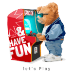 Urso estilizado jogando em uma máquina de fliperama, usando óculos escuros e jaqueta esportiva, com a frase "Vamos nos divertir" destacada na máquina. Ideal para temas de jogos e entretenimento.