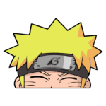 Cabeça do personagem Naruto Uzumaki com cabelo amarelo espetado e bandana da Vila da Folha, expressando determinação e força.