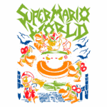 Ilustração do jogo Super Mario World, apresentando Mario em destaque, cercado por personagens icônicos como Bowser e Koopa Troopa, em um fundo vibrante com morcegos e elementos do jogo.