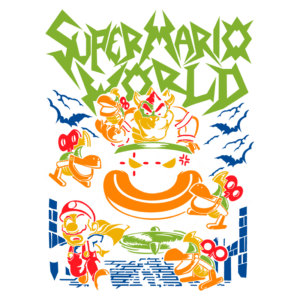Ilustração do jogo Super Mario World, apresentando Mario em destaque, cercado por personagens icônicos como Bowser e Koopa Troopa, em um fundo vibrante com morcegos e elementos do jogo.