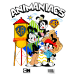 Imagem dos personagens principais de "Animaniacs", com a torre da Warner Bros ao fundo. Yakko, Wakko e Dot estão em destaque, representando a série de animação clássica.