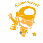 Ilustração de personagem inspirado em Mario fazendo uma performance musical, vestido de amarelo e segurando um microfone, com estrelas ao fundo.