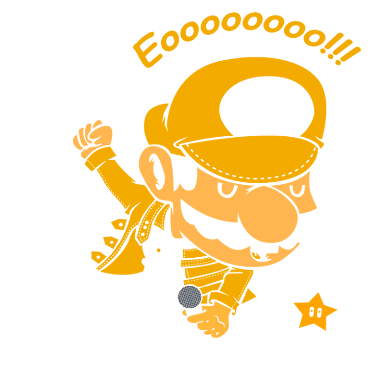 Ilustração de personagem inspirado em Mario fazendo uma performance musical, vestido de amarelo e segurando um microfone, com estrelas ao fundo.