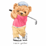 Ursinho jogador de golfe vestindo camisa rosa, calças claras e boné xadrez, segurando um taco de golfe em um post de swing divertido.