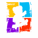 Ilustração de um urso estilizado com um skate, em um fundo colorido dividido em cores vibrantes. O texto destaca "Skateboarding is my life" e "Skaters only" em um estilo moderno. Ideal para amantes de skate e cultura urbana.