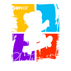 Ilustração de um urso estilizado com um skate, em um fundo colorido dividido em cores vibrantes. O texto destaca "Skateboarding is my life" e "Skaters only" em um estilo moderno. Ideal para amantes de skate e cultura urbana.