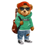 Ursinho estiloso usando moletom verde com a palavra "SUMMER", óculos escuros e boné vermelho, segurando um violão e vestindo calças jeans rasgadas e tênis pretos.