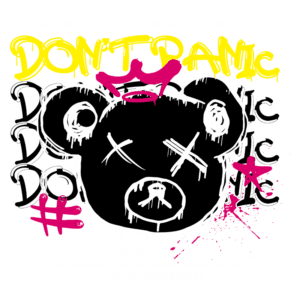 Design gráfico de uma camiseta streetwear com a frase "Don't Panic" e uma ilustração de um urso estilizado. O fundo apresenta cores vibrantes e um estilo urbano, ideal para fãs de moda alternativa.