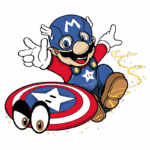 Personagem de videogame inspirado no Mario, vestido como um super-herói, segurando um escudo semelhante ao do Capitão América, em uma pose dinâmica e divertida.