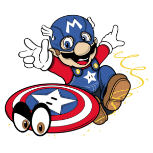 Personagem de videogame inspirado no Mario, vestido como um super-herói, segurando um escudo semelhante ao do Capitão América, em uma pose dinâmica e divertida.