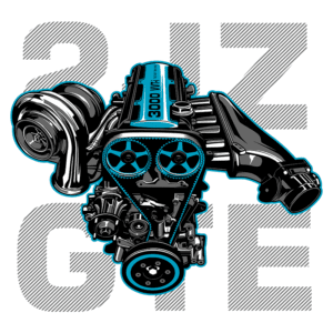 Imagem de um motor turboalimentado 3000 GT, destacando detalhes como turbocompressor, sistema de admissão e polias. Ideal para entusiastas de automóveis e mecânica.