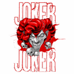 Imagem do personagem Joker, com um rosto sorridente e maquiado, usando um chapéu de palhaço vermelho e branco, adornado com caveiras. O fundo apresenta a palavra "JOKER" em letras grandes e estilizadas, com um efeito gráfico em vermelho.