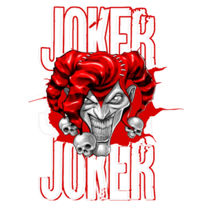 Imagem do personagem Joker, com um rosto sorridente e maquiado, usando um chapéu de palhaço vermelho e branco, adornado com caveiras. O fundo apresenta a palavra "JOKER" em letras grandes e estilizadas, com um efeito gráfico em vermelho.