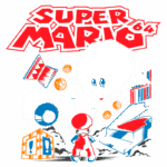 Imagem estilizada do jogo Super Mario 64, apresentando Mario enfrentando inimigos icônicos como Boo e um olho gigante, além de elementos do jogo como estrelas e um piano. A arte é vibrante e retrata a aventura do personagem no mundo do jogo.