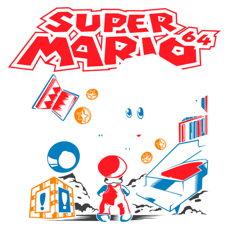 Imagem estilizada do jogo Super Mario 64, apresentando Mario enfrentando inimigos icônicos como Boo e um olho gigante, além de elementos do jogo como estrelas e um piano. A arte é vibrante e retrata a aventura do personagem no mundo do jogo.