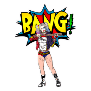 Ilustração de personagem feminina com cabelo colorido, segurando uma arma e vestindo roupas estilosas, com a palavra "BANG!" em destaque ao fundo. Ideal para temas de quadrinhos e cultura pop.
