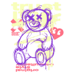 Ilustração de um ursinho com traços em roxo, apresentando olhos com cruzes e lágrimas, ao lado do texto "trust the bear" em amarelo. O fundo contém elementos gráficos em cores suaves, incluindo um coração e frases sobre originalidade e autenticidade. Suitable para expressar uma estética artística contemporânea.