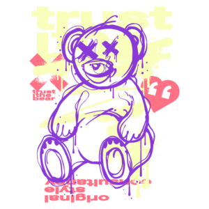Ilustração de um ursinho com traços em roxo, apresentando olhos com cruzes e lágrimas, ao lado do texto "trust the bear" em amarelo. O fundo contém elementos gráficos em cores suaves, incluindo um coração e frases sobre originalidade e autenticidade. Suitable para expressar uma estética artística contemporânea.