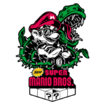 Ilustração do personagem Mario, vestido de forma descolada com óculos escuros, cercado por plantas espinhosas e uma planta carnívora. Logo do jogo "New Super Mario Bros." em destaque na parte inferior.