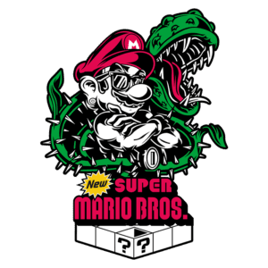 Ilustração do personagem Mario, vestido de forma descolada com óculos escuros, cercado por plantas espinhosas e uma planta carnívora. Logo do jogo "New Super Mario Bros." em destaque na parte inferior.