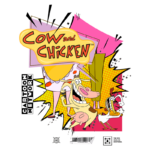 Imagem do desenho animado "Cow and Chicken" com os personagens principais, uma vaca e uma galinha, em um fundo colorido e vibrante. O logotipo do Cartoon Network também está presente, destacando a popularidade da série nos anos 90.