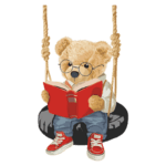Urso de pelúcia usando óculos, sentado em um balanço de pneu e lendo um livro vermelho. Ideal para ilustrações relacionadas a leitura infantil e educação.