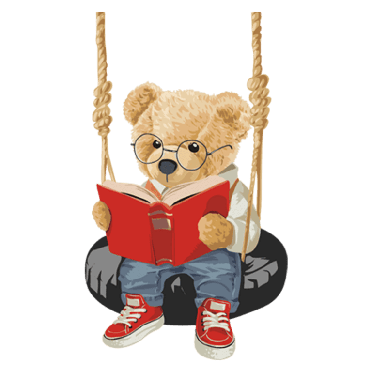 Urso de pelúcia usando óculos, sentado em um balanço de pneu e lendo um livro vermelho. Ideal para ilustrações relacionadas a leitura infantil e educação.