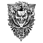 Desenho em preto e branco do personagem Joker, com um sorriso sinistro e cabelo bagunçado, cercado por elementos decorativos. A palavra "JOKER" aparece em destaque na parte inferior do design.