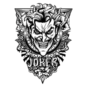 Desenho em preto e branco do personagem Joker, com um sorriso sinistro e cabelo bagunçado, cercado por elementos decorativos. A palavra "JOKER" aparece em destaque na parte inferior do design.