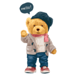 Ursinho de pelúcia estiloso com chapéu e roupa moderna, acenando e dizendo "Olá!" em um balão de fala. Ideal para ilustrações infantis e produtos relacionados a crianças.