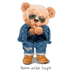 Ursinho estiloso usando óculos escuros, jaqueta jeans e calças rasgadas, com botas, transmitindo uma vibe moderna e divertida. Texto "Born with Style" abaixo da imagem.