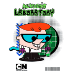 Imagem do personagem Dexter de "Laboratório de Dexter", com cabelo ruivo, óculos escuros, e um jaleco branco, segurando um frasco de experimento em um fundo com gráficos coloridos. Logo do Cartoon Network no canto inferior.