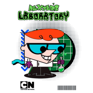 Imagem do personagem Dexter de "Laboratório de Dexter", com cabelo ruivo, óculos escuros, e um jaleco branco, segurando um frasco de experimento em um fundo com gráficos coloridos. Logo do Cartoon Network no canto inferior.