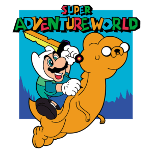 Imagem colorida do jogo "Super Adventure World", mostrando um personagem com chapéu e bigode empunhando uma espada, montado em um dinossauro amarelo. O fundo apresenta montanhas azuis e o título do jogo em letras vibrantes.