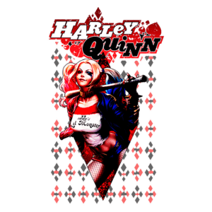 Imagem da personagem Harley Quinn, com cabelo loiro e pink, vestindo uma blusa branca com a frase "Daddy's Lil Monster" e segurando um bastão. O fundo apresenta um padrão de losangos em vermelho e preto, que são típicos da estética de quadrinhos da DC Comics.