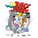 Imagem colorida de Tom e Jerry, com Tom expressando surpresa e Jerry segurando um martelo, em um fundo gráfico vibrante que remete ao estilo dos anos 90. A arte é uma referência à famosa animação da Warner Bros, destacando a eterna rivalidade entre o gato e o rato.