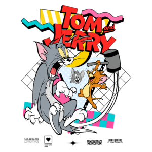 Imagem colorida de Tom e Jerry, com Tom expressando surpresa e Jerry segurando um martelo, em um fundo gráfico vibrante que remete ao estilo dos anos 90. A arte é uma referência à famosa animação da Warner Bros, destacando a eterna rivalidade entre o gato e o rato.